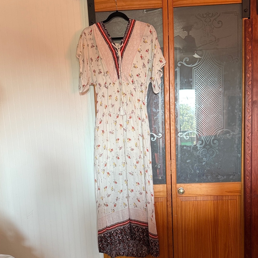 love, Fire Cream Floral Maxi Dress with Red and Black Accents